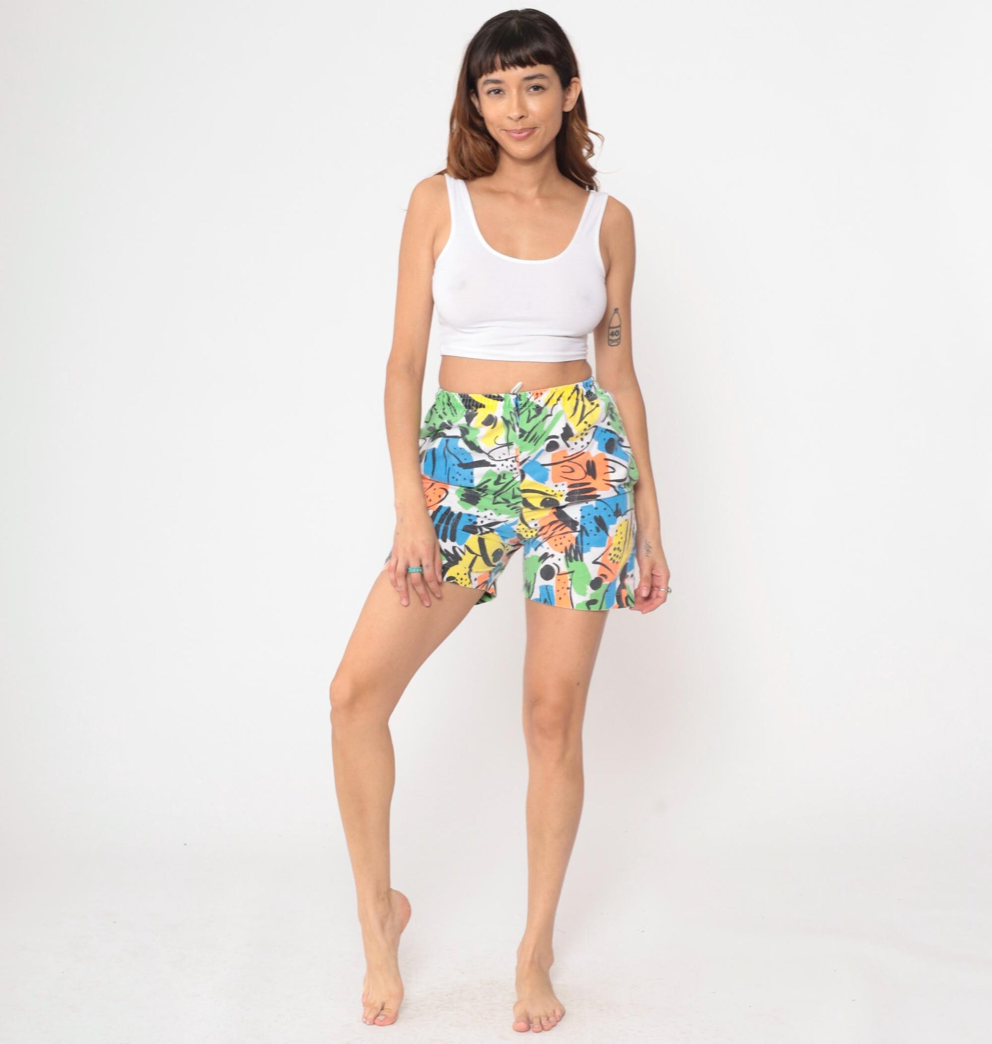 90s Abstract Print High Waisted Wide Leg Shorts Colorful Small S