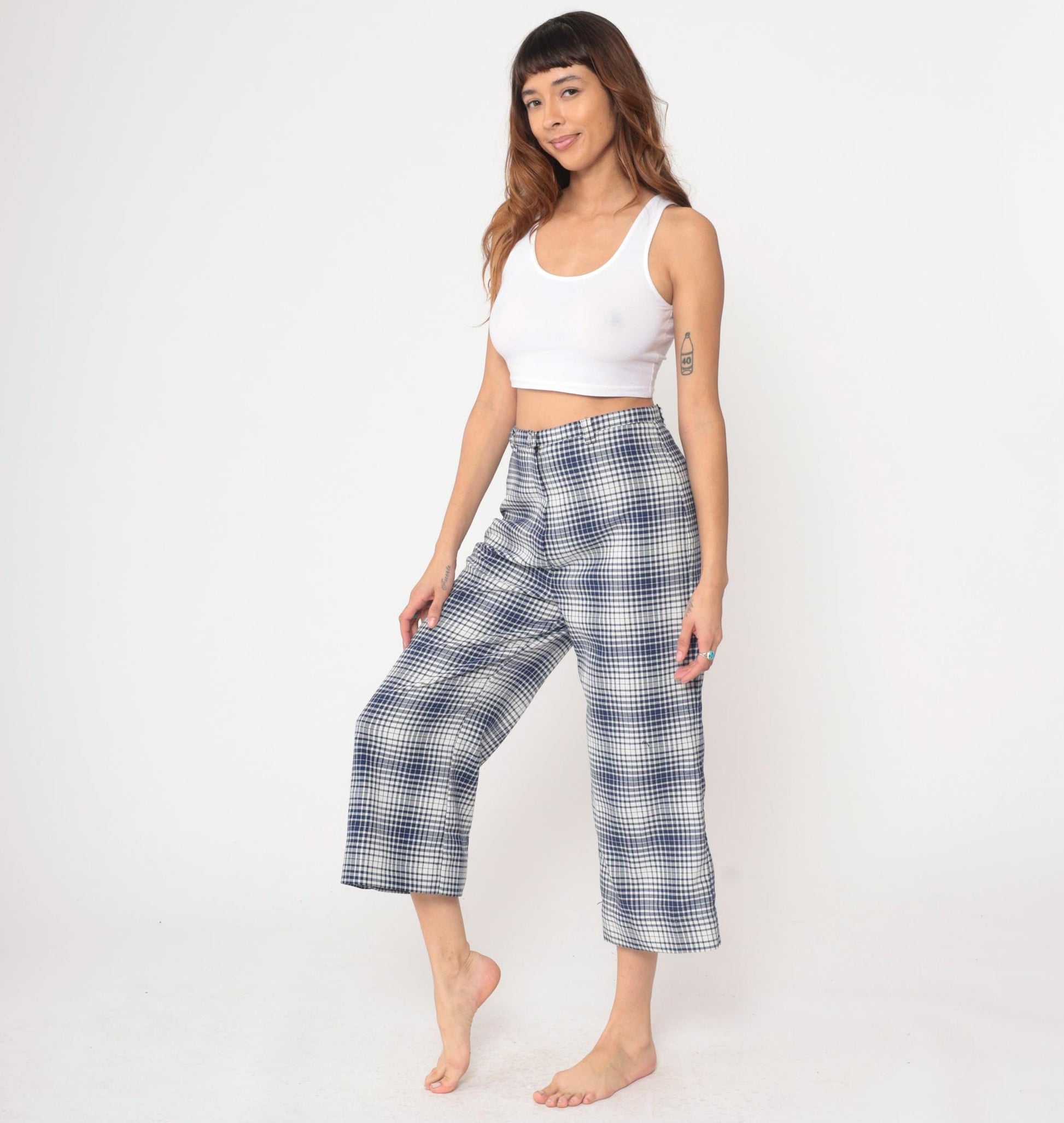 70s Jantzen Gingham Pants Blue White Checkered High Waisted Wide Leg Cropped Medium