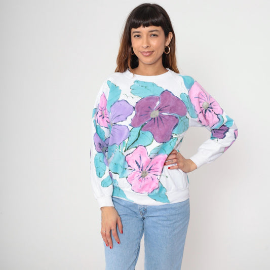 90s White Floral Sweatshirt Watercolor Purple Pink Blue Crew Neck Medium M