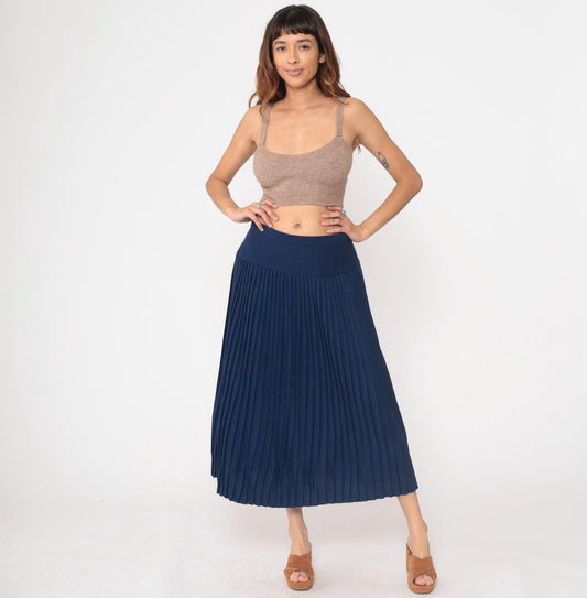 80s Saks Fifth Avenue Navy Wool Pleated Midi Skirt High Waisted Medium