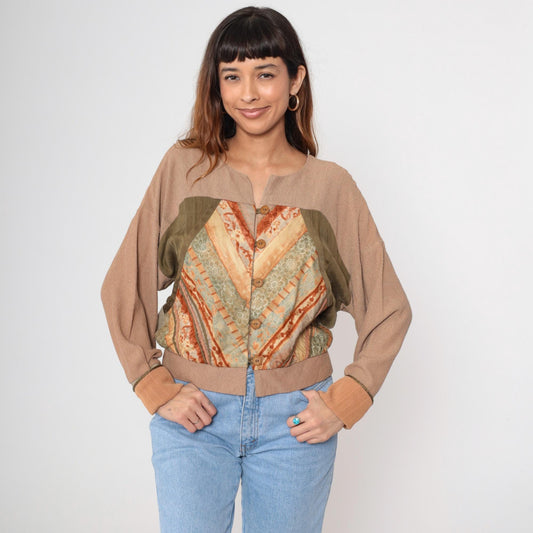 90s Papike Wear Paisley Cardigan Cropped Button Front Sage Green Small S