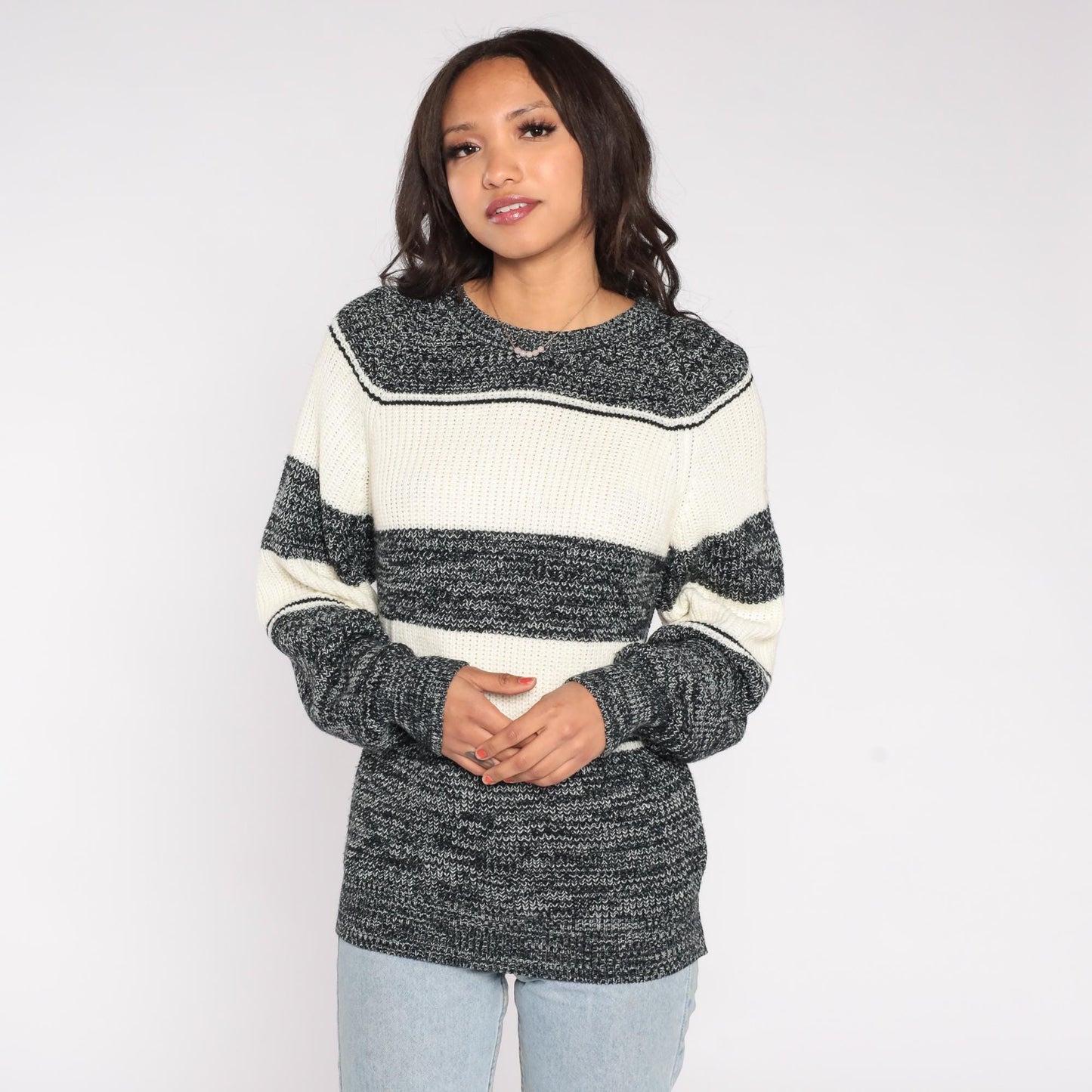 80s Expressions Striped Chunky Knit Sweater Navy White Small