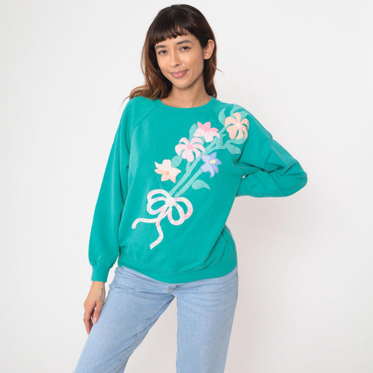 90s Creative Friends Floral Sweatshirt Turquoise Appliqué Crewneck Large L