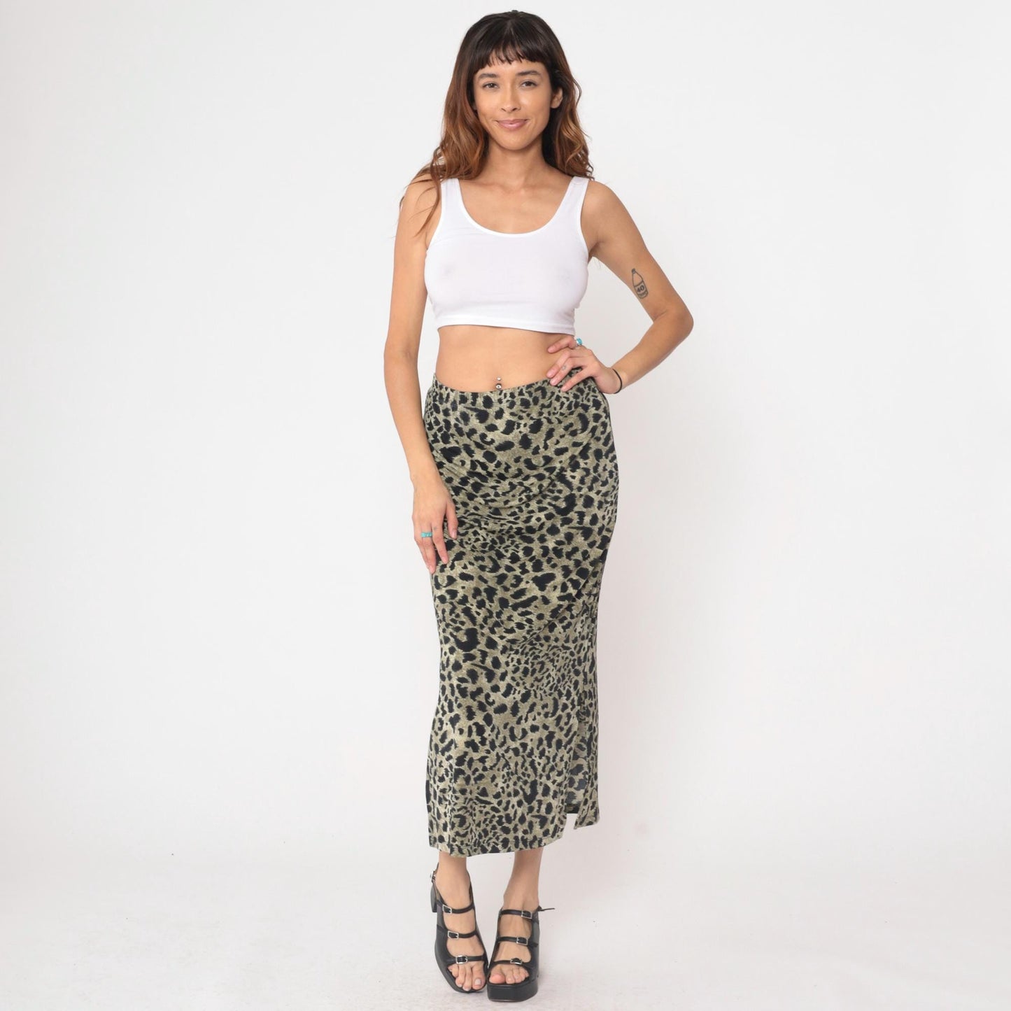 90s Impressions Leopard Print Maxi Skirt High Waist Black Olive Small S