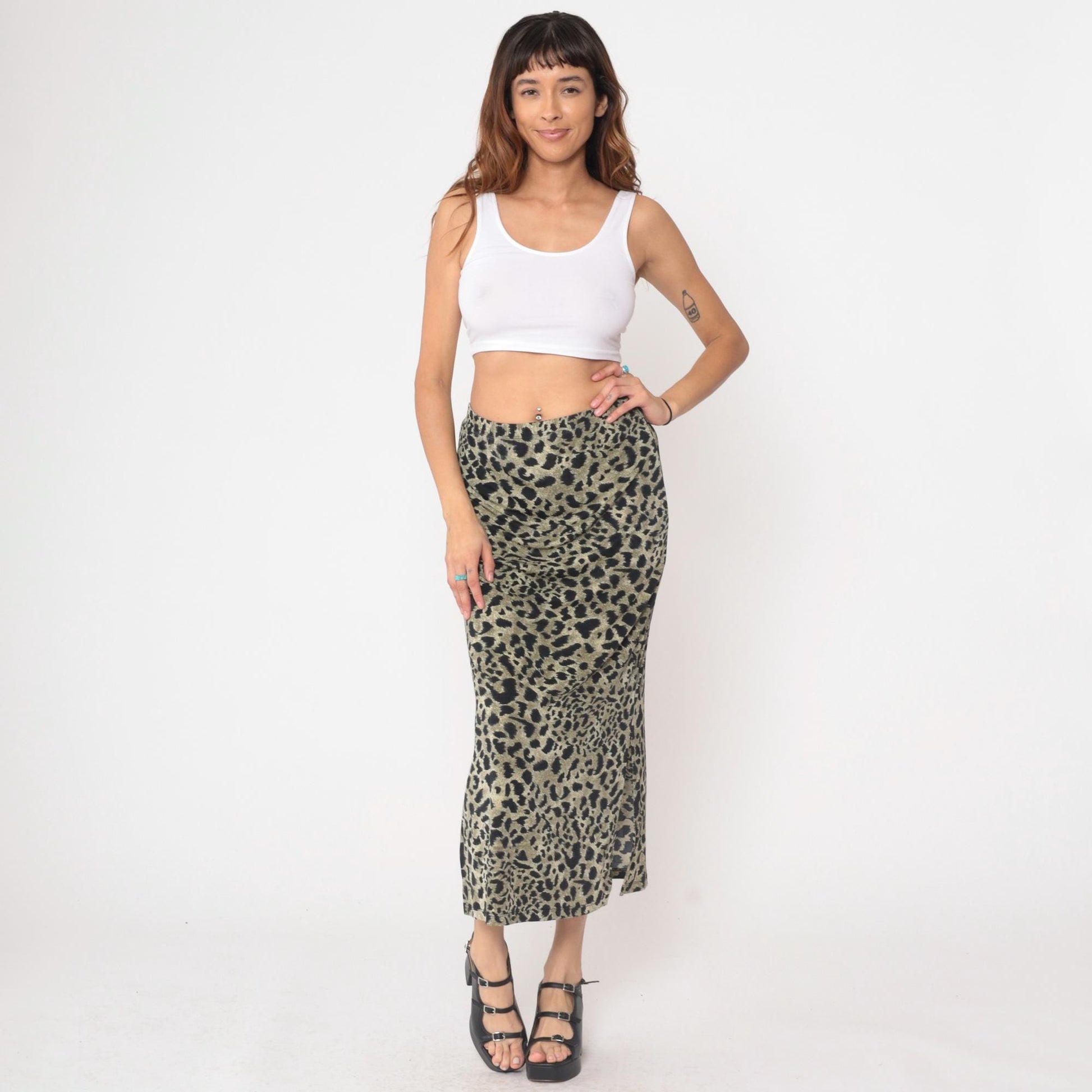 90s Impressions Leopard Print Maxi Skirt High Waist Black Olive Small S