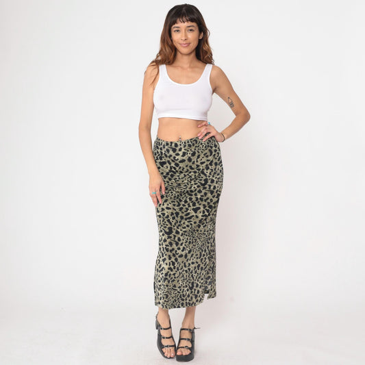 90s Impressions Leopard Print Maxi Skirt High Waist Black Olive Small S