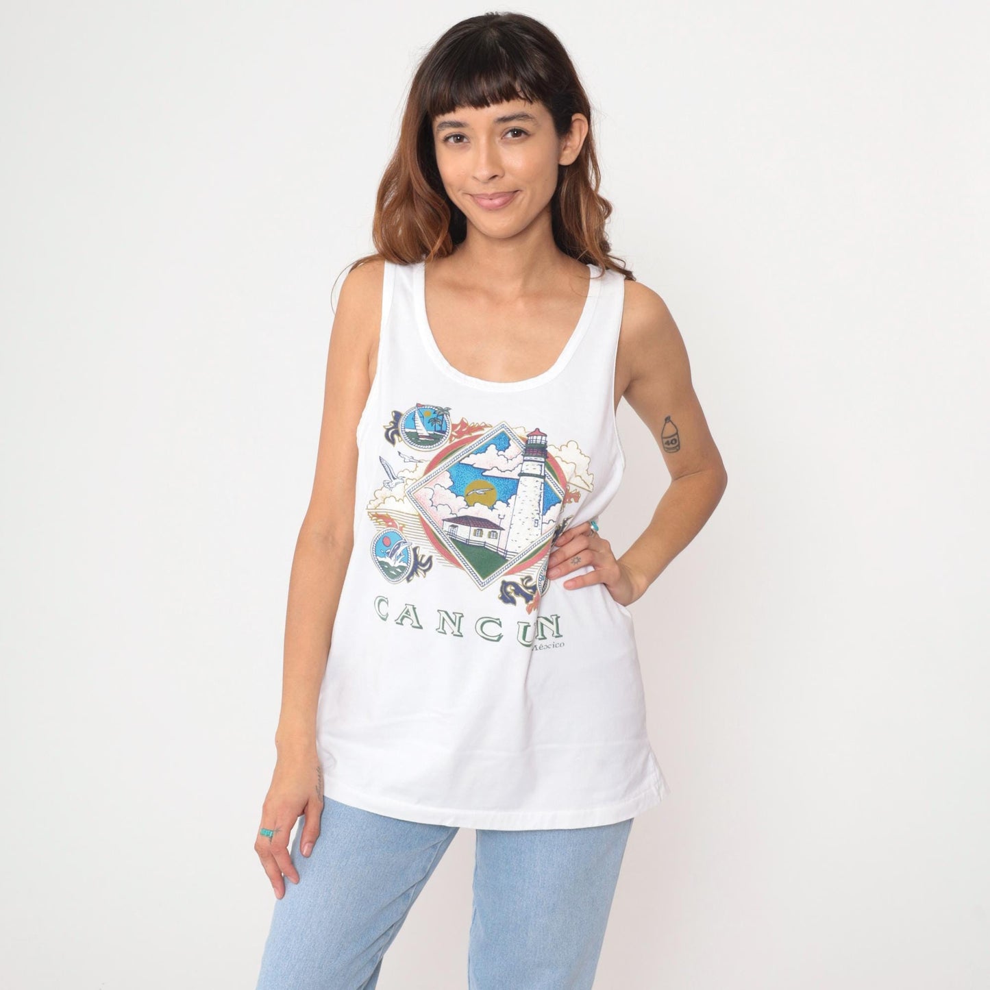 90s Cancun Mexico Tank Top White Lighthouse Sailboat Graphic Large L