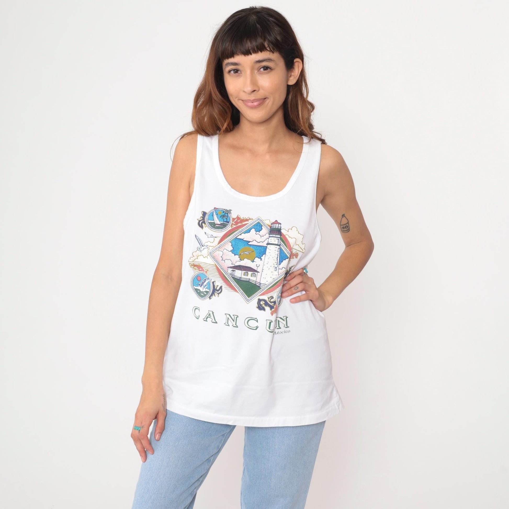90s Cancun Mexico Tank Top White Lighthouse Sailboat Graphic Large L