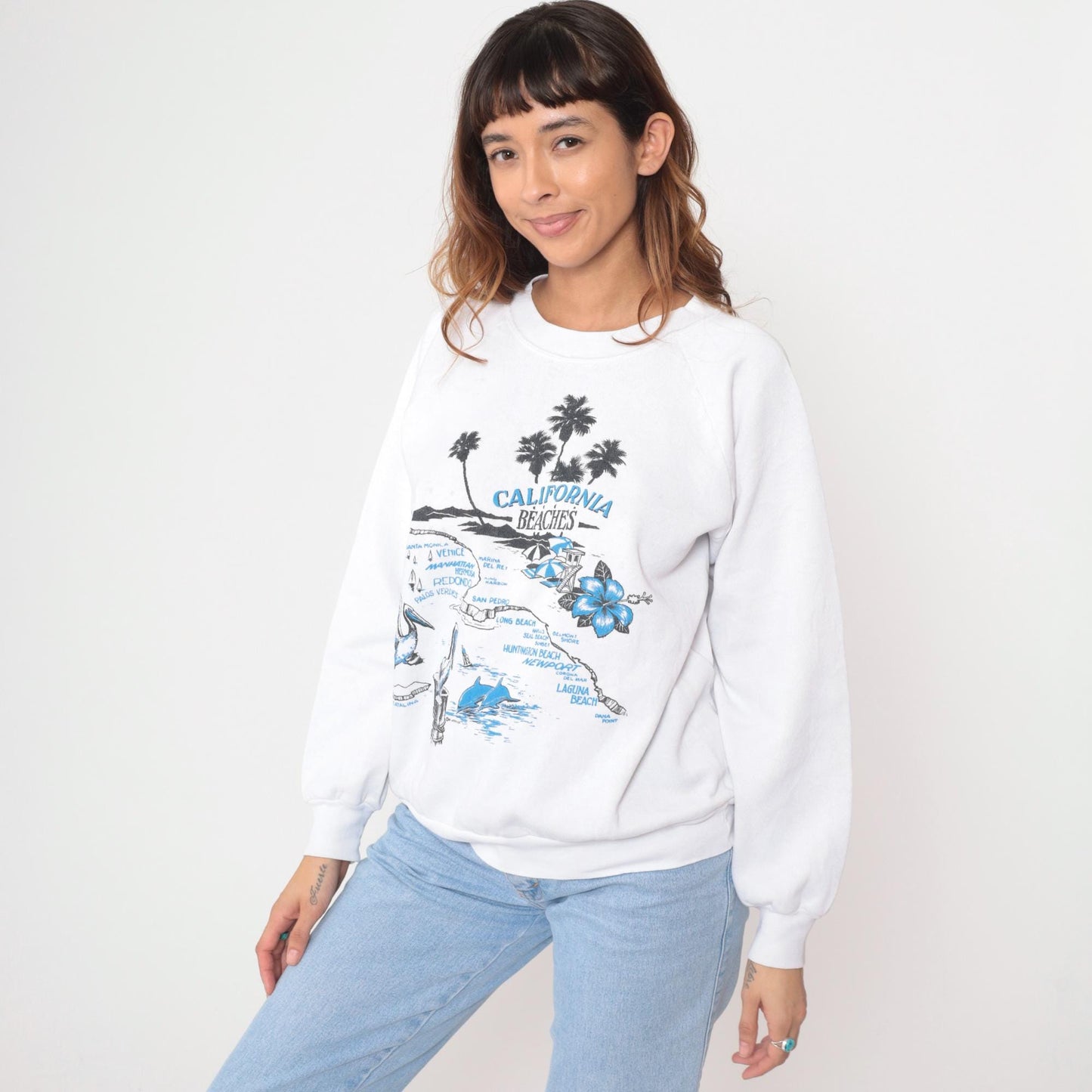 90s California Beaches Map Sweatshirt White Cotton Graphic Medium