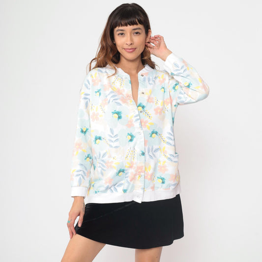 90s Floral Cardigan White Pink Blue Yellow Botanical Button Up XL
