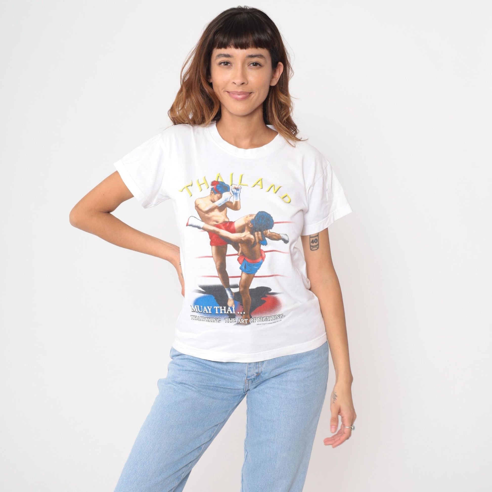 Y2K Thailand Muay Thai Boxing Graphic Tee White Cotton Medium M