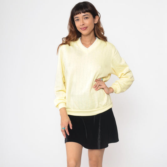 90s Yellow V-Neck Pullover Sweatshirt Preppy Ribbed Trim Large L