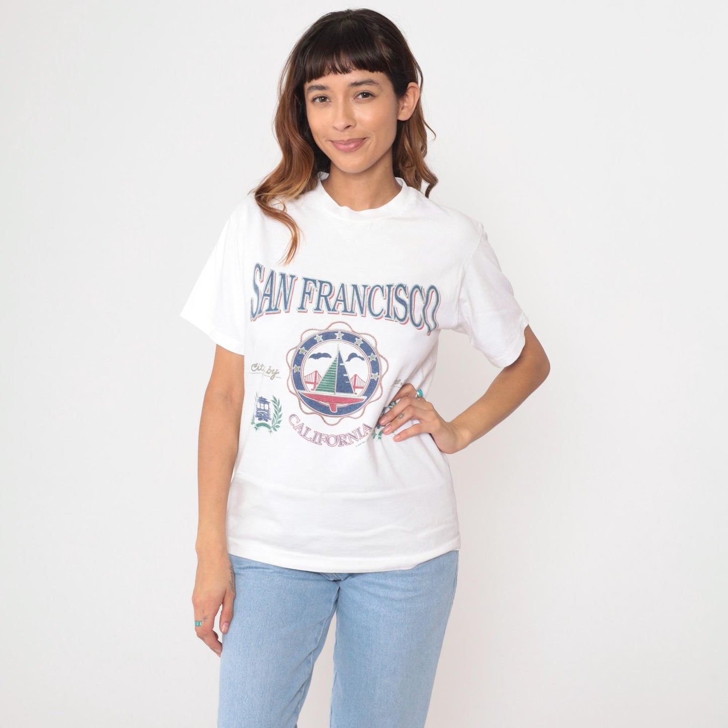 90s San Francisco Cable Car White Graphic T-Shirt Cotton Medium M