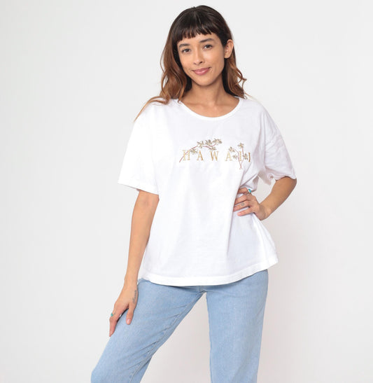90s Hawaii White Cotton T-Shirt Embroidered Floral Graphic Extra Large XL