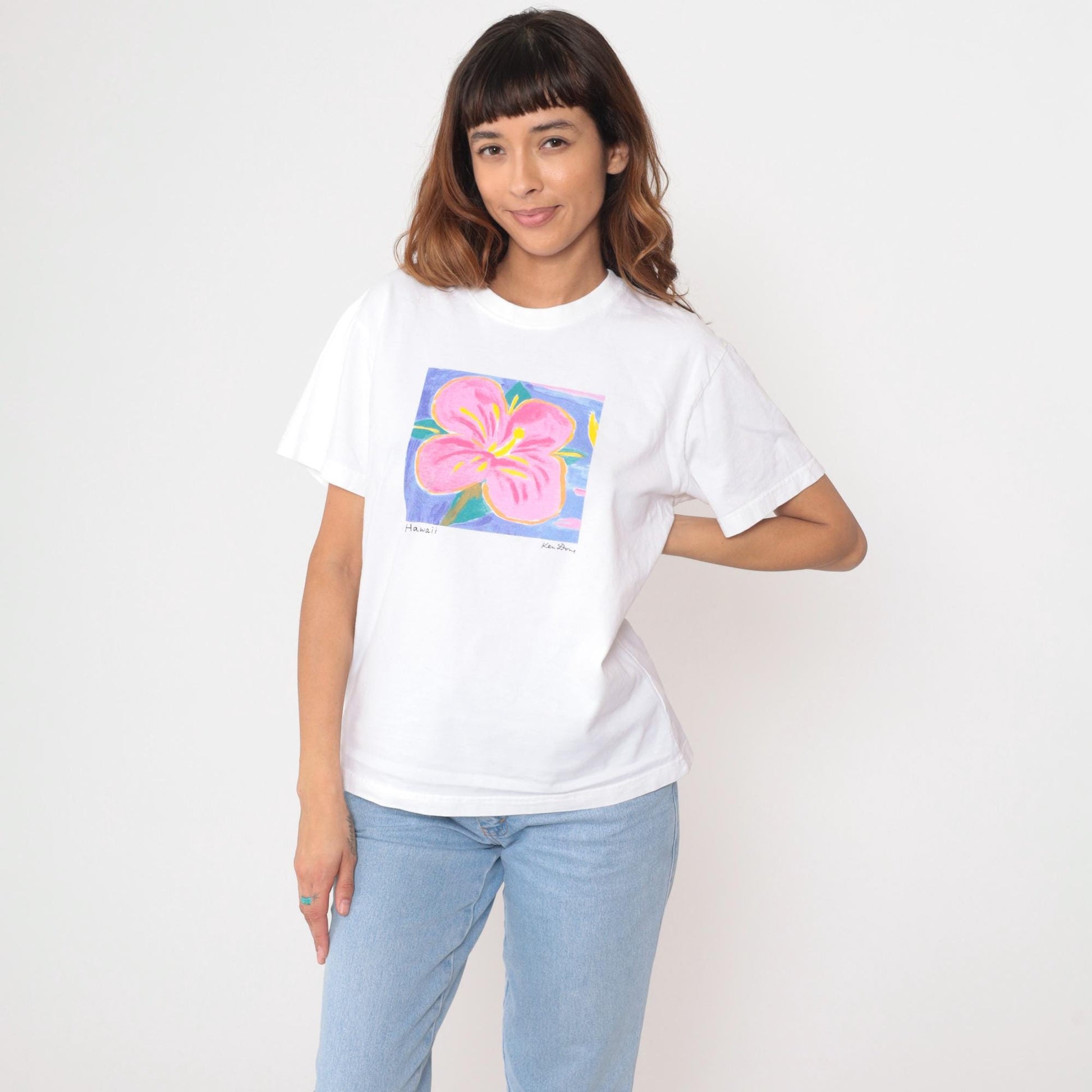 90s Hawaii Hibiscus Flower Graphic T-Shirt White Single Stitch Medium