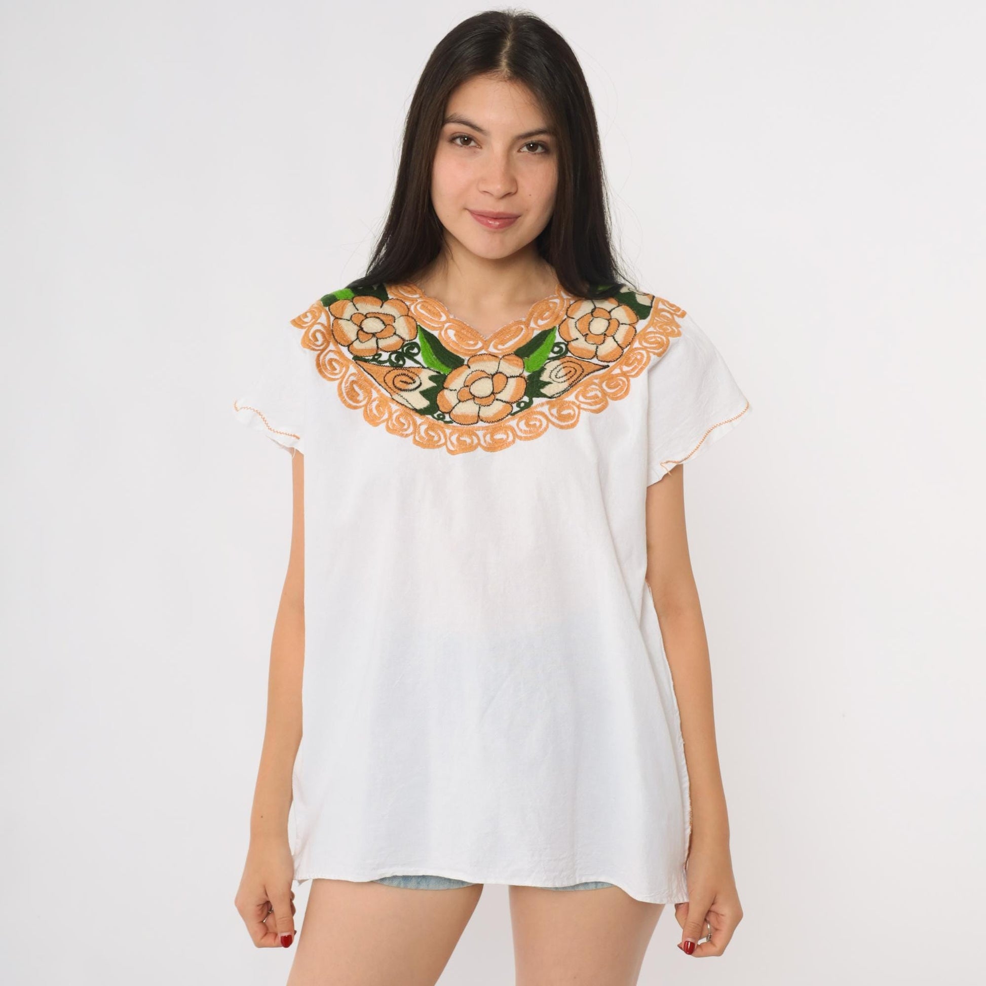 90s Mexican Embroidered Cotton Blouse White Floral Yoke Peasant Top Medium