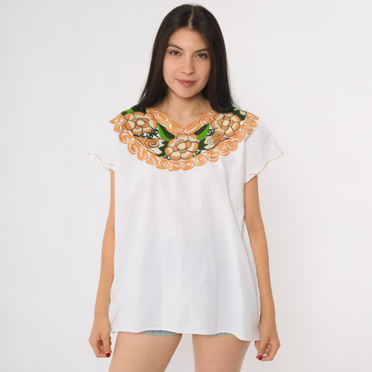 90s Mexican Embroidered Cotton Blouse White Floral Yoke Peasant Top Medium