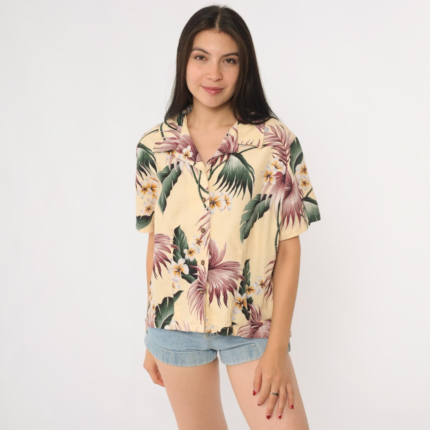 90s Kona Malia Hawaiian Aloha Shirt Yellow Plumeria Floral Cotton Extra Small