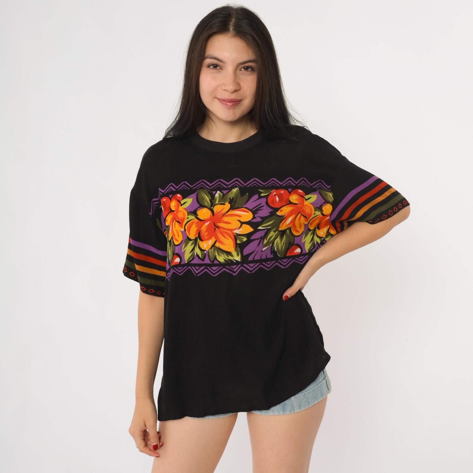90s SK & Company Hawaiian Shirt Black Rayon Floral Orange Purple Large L