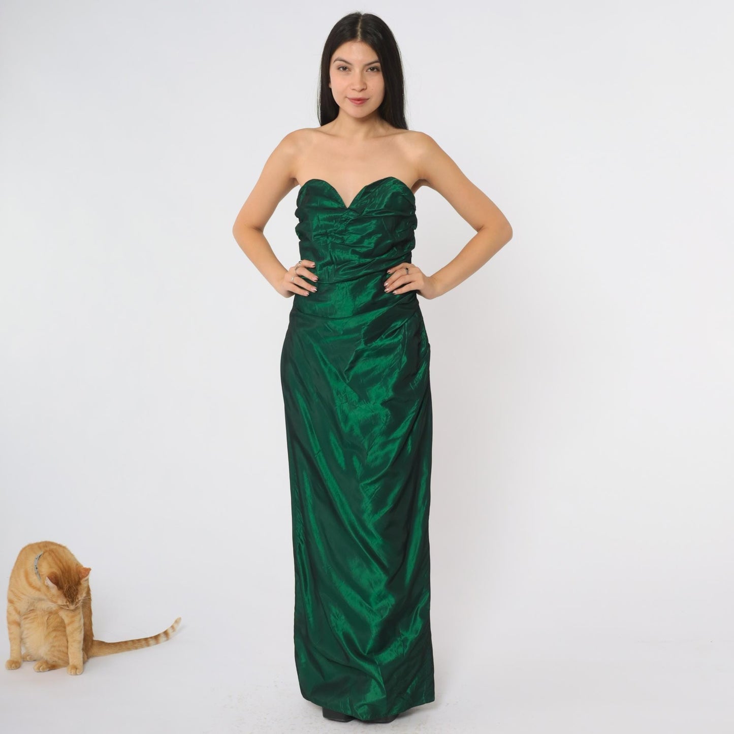 80s Alfred Angelo Green Strapless Formal Gown Sweetheart Ruched Bodice Medium M