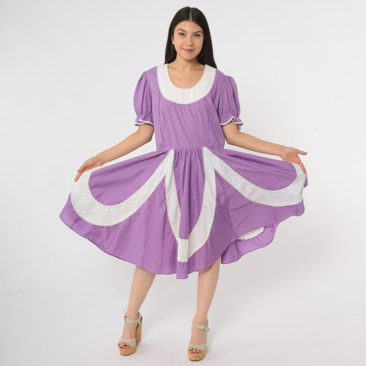 70s Purple Prairie Dress Partners Please Puff Sleeve Square Dance Large