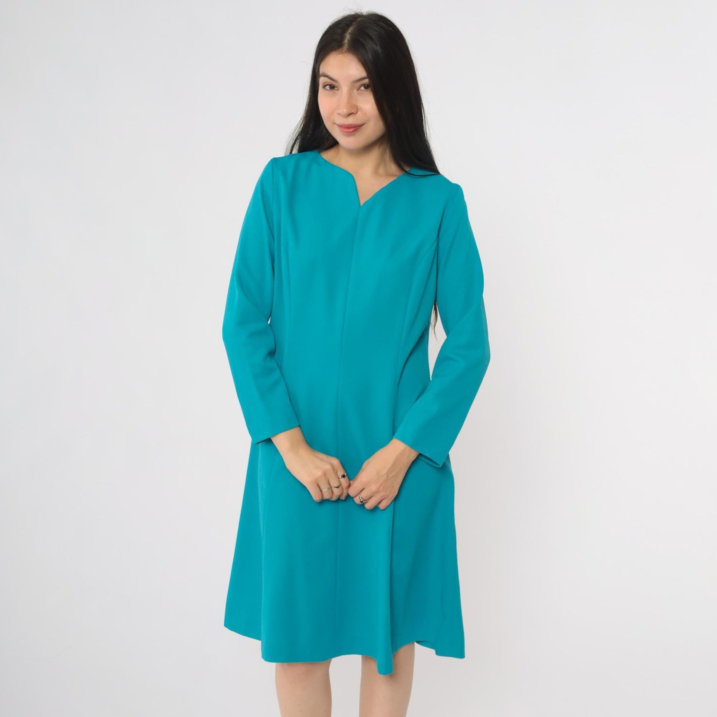 70s Turquoise Mod Mini Dress Long Sleeves V-Neck A-Line Shift Medium M