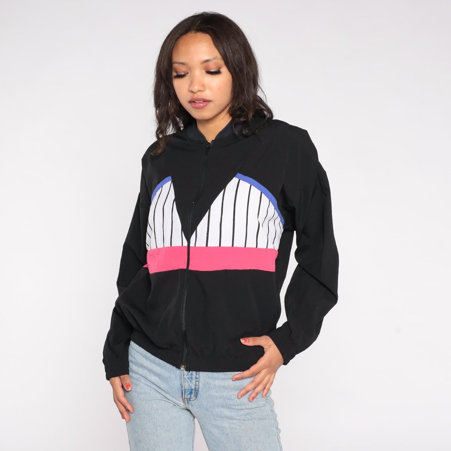 90s USA Sport Club Track Jacket Black Colorblock Striped Windbreaker Medium