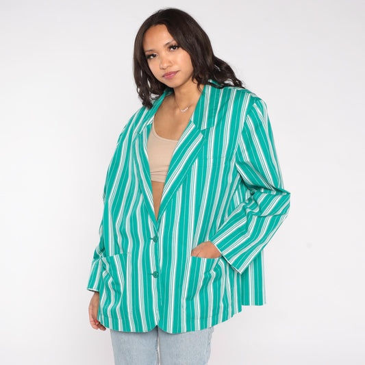 90s Leslie Fay Green Striped Cotton Blazer Plus Size XXL