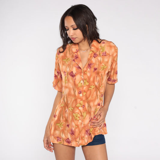 90s Orange Floral Print Blouse Rossela Button Up Short Sleeve Large L