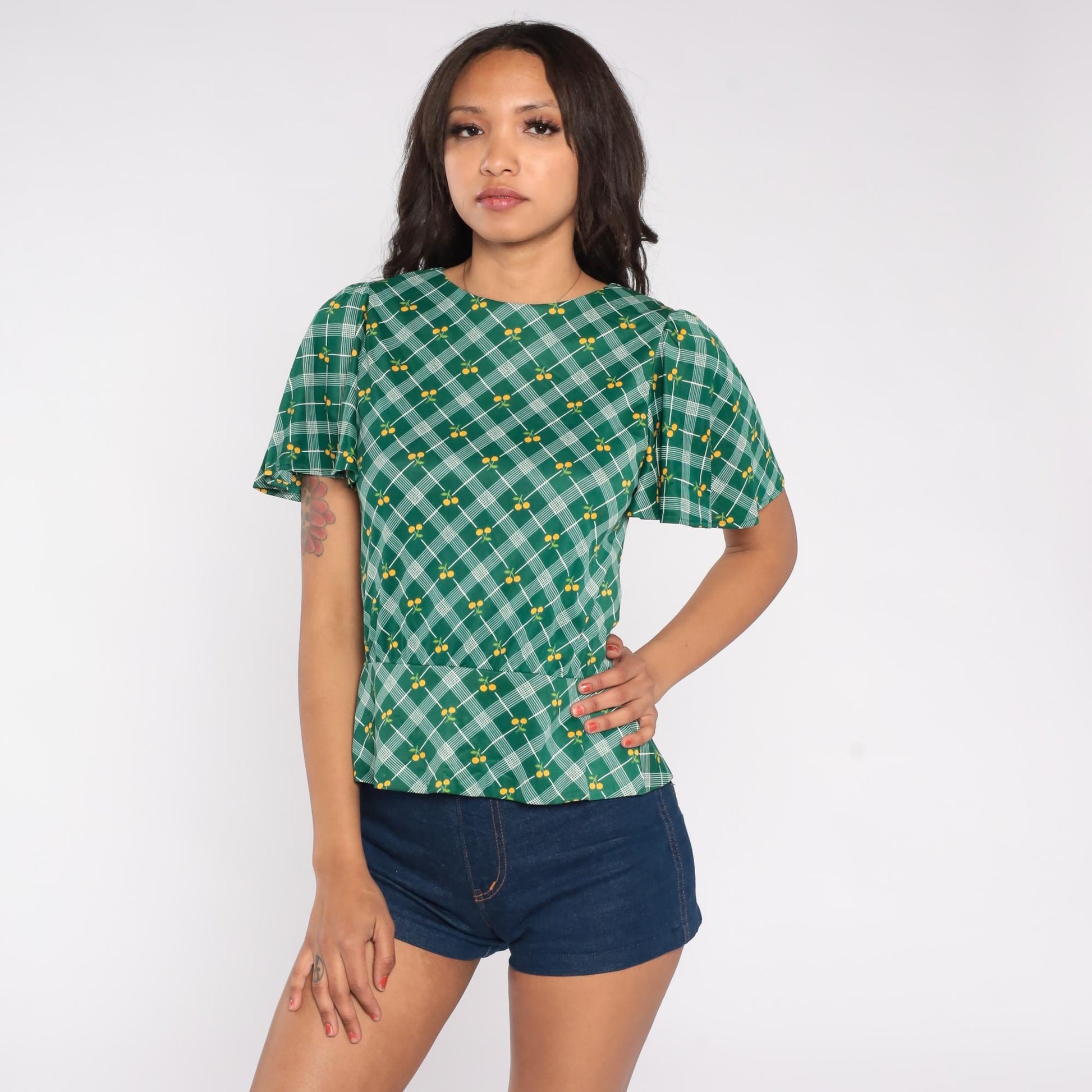 70s Green Argyle Cherry Print Blouse Flutter Sleeve Small S