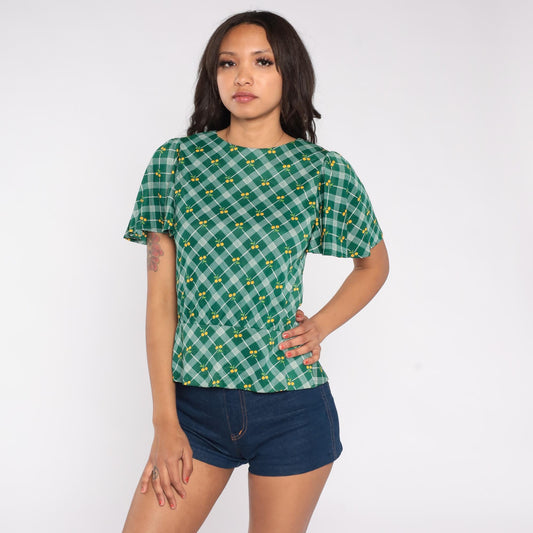 70s Green Argyle Cherry Print Blouse Flutter Sleeve Small S