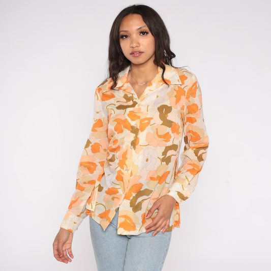 70s Alex Colman California Floral Button Blouse Orange Cream Medium