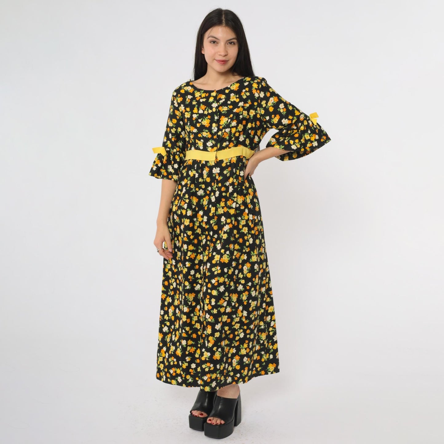70s Lazy U Black Floral Maxi Dress Bell Sleeve Yellow Bow Large