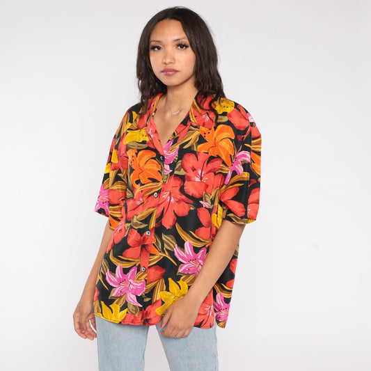 90s Partners Mervyns Hawaiian Silk Shirt Tropical Floral Camp Collar Large L