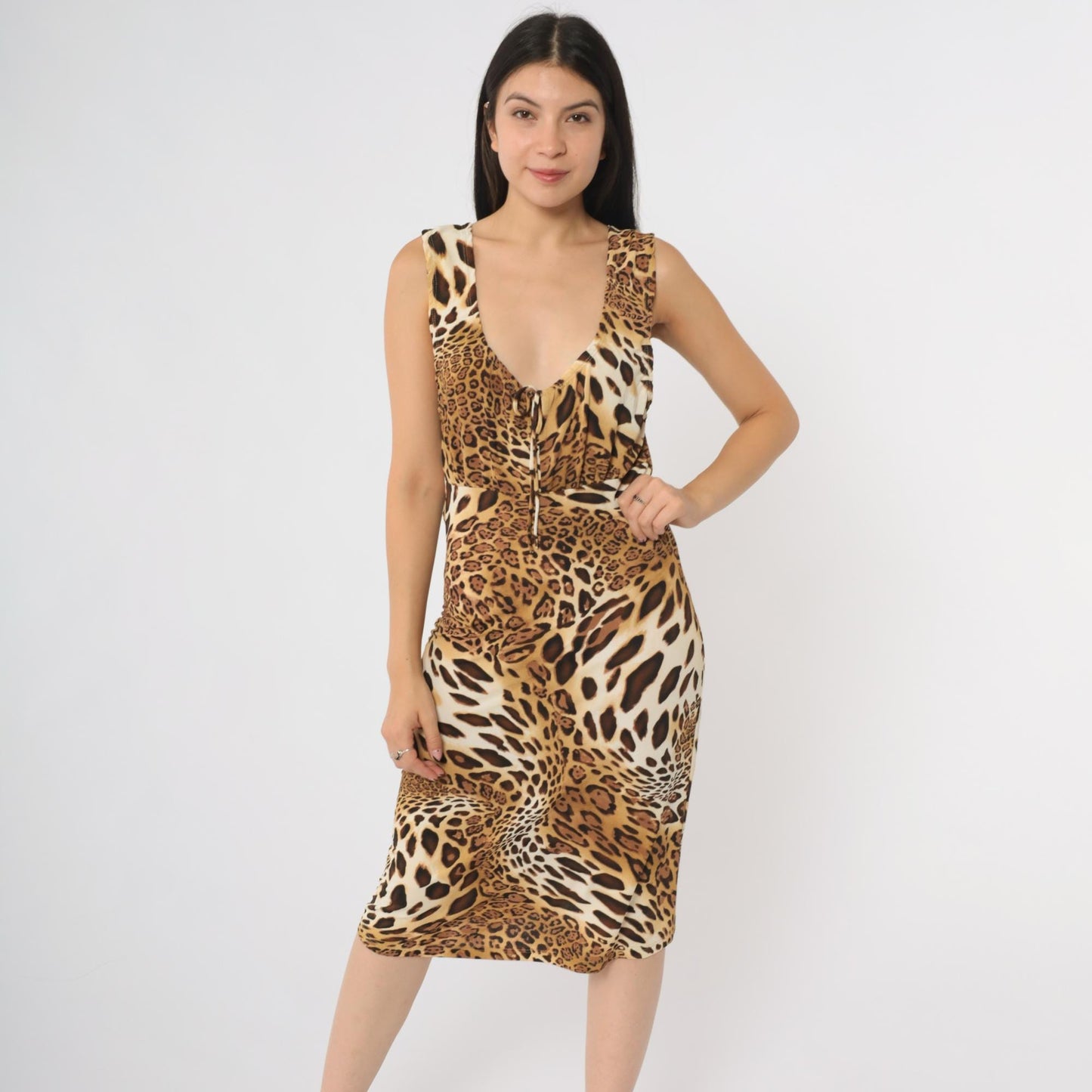 90s Rave Leopard Print Midi Dress Sleeveless Deep V Tie Front Brown Medium M
