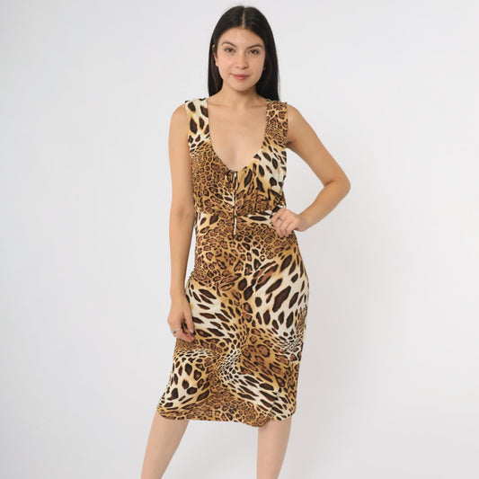 90s Rave Leopard Print Midi Dress Sleeveless Deep V Tie Front Brown Medium M