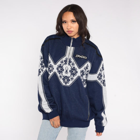 Y2K Spyder Ski Sweater Navy Blue White Geometric Half Zip Knit Extra Large XL