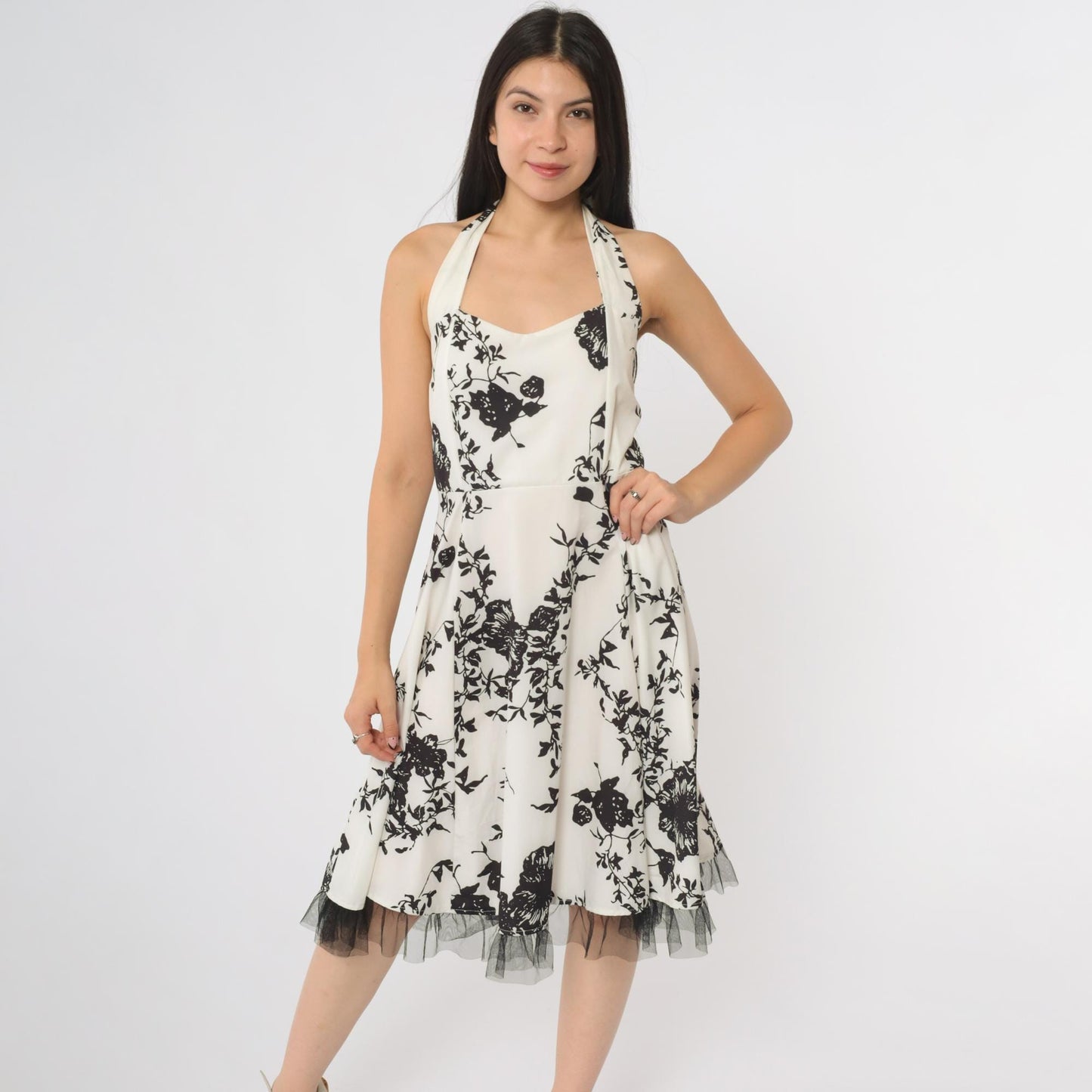 Y2K Black White Rose Halter Midi Dress Tulle Hem Backless Large L