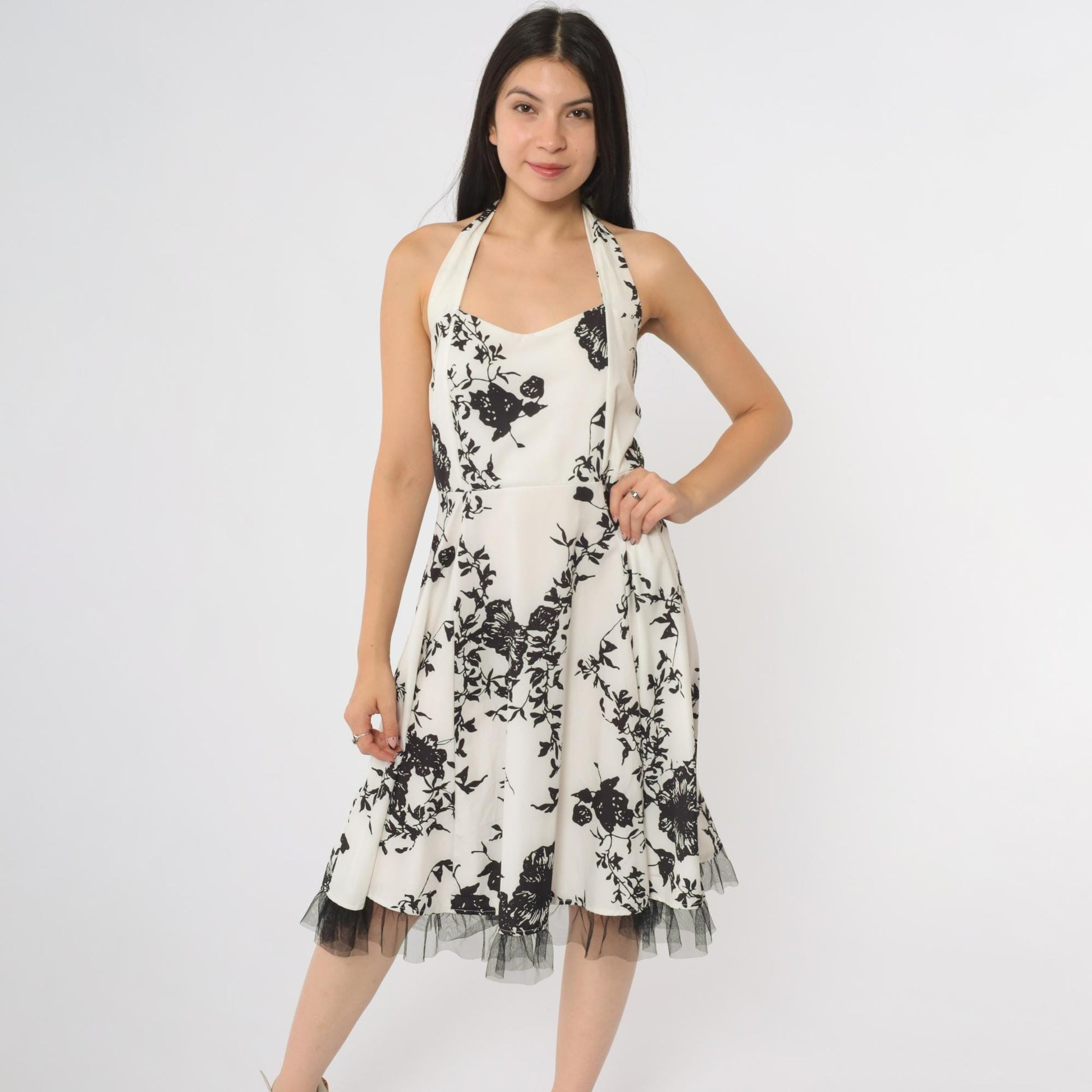 Y2K Black White Rose Halter Midi Dress Tulle Hem Backless Large L