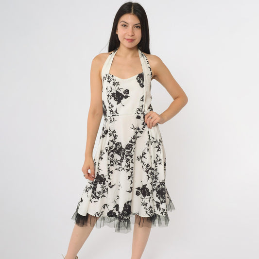 Y2K Black White Rose Halter Midi Dress Tulle Hem Backless Large L