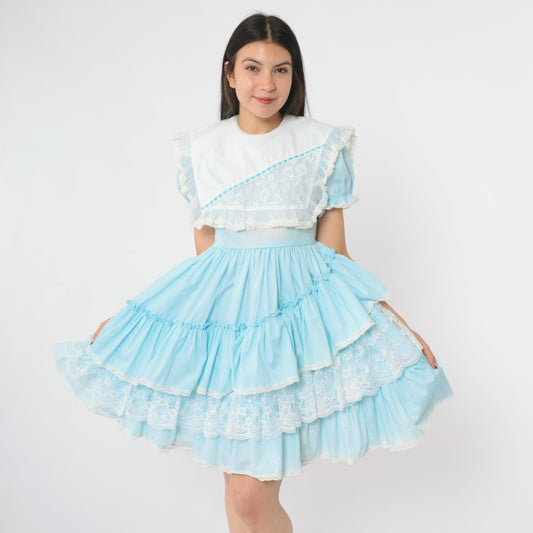 80s Allison Daley Light Blue Ruffle Dress Puff Sleeves Lace Trim Extra Small