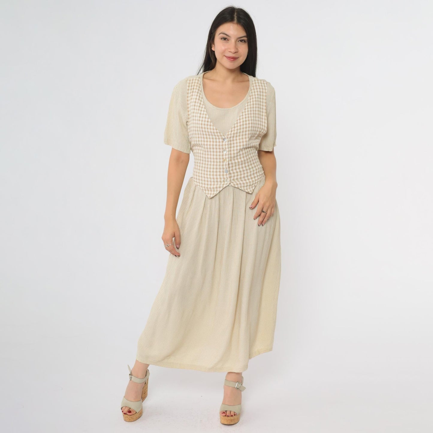 90s Ultra Dress Tan Gingham Maxi Dress Button Front Vest Set Large 12