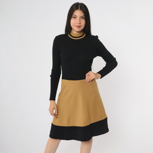 70s Camp Crations Wool Color Block Turtleneck Midi Dress Brown Black Small