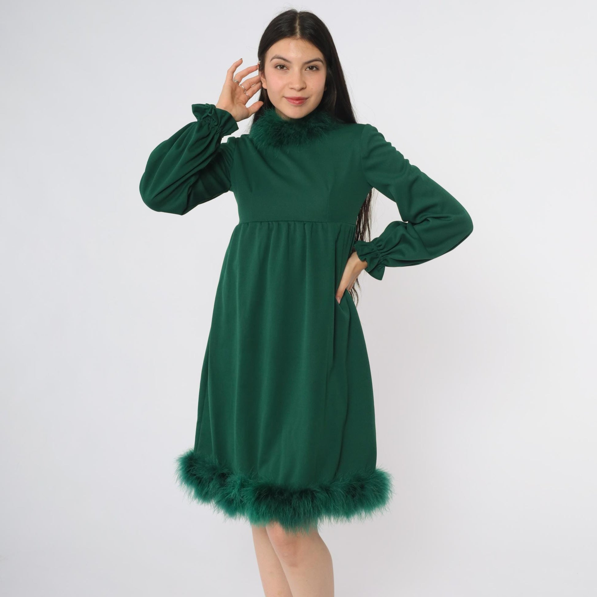 70s Green Marabou Feather Mini Dress High Neck Empire Waist Puff Sleeve Extra Small