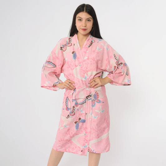 80s Pink Butterfly Peony Floral Cotton Kimono Robe Wrap Belt Tie Small