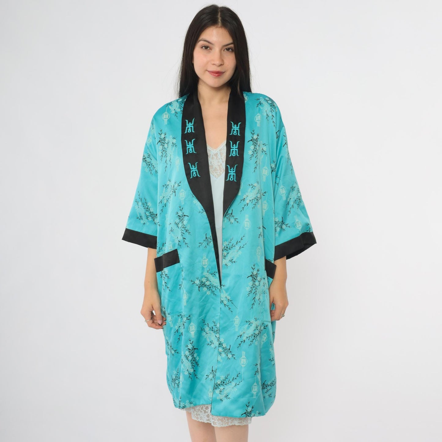 90s Dragon Reversible Satin Kimono Robe Black Turquoise Embroidered Small