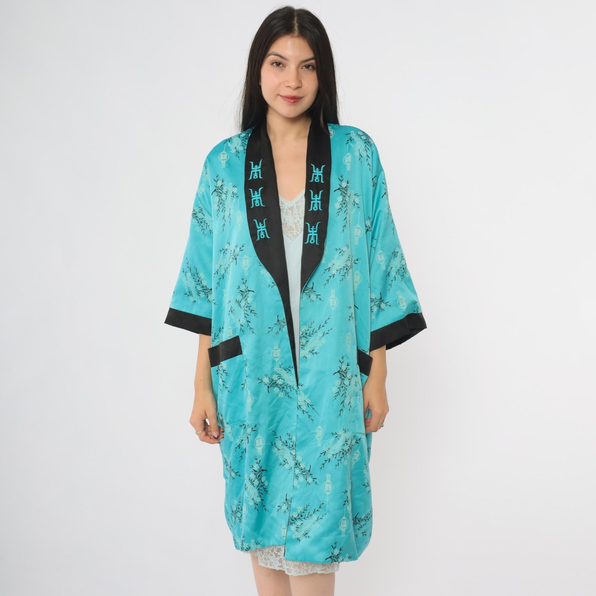 90s Dragon Reversible Satin Kimono Robe Black Turquoise Embroidered Small