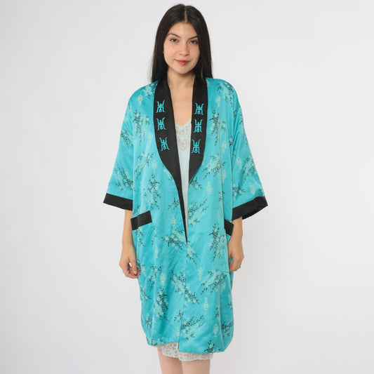 90s Dragon Reversible Satin Kimono Robe Black Turquoise Embroidered Small