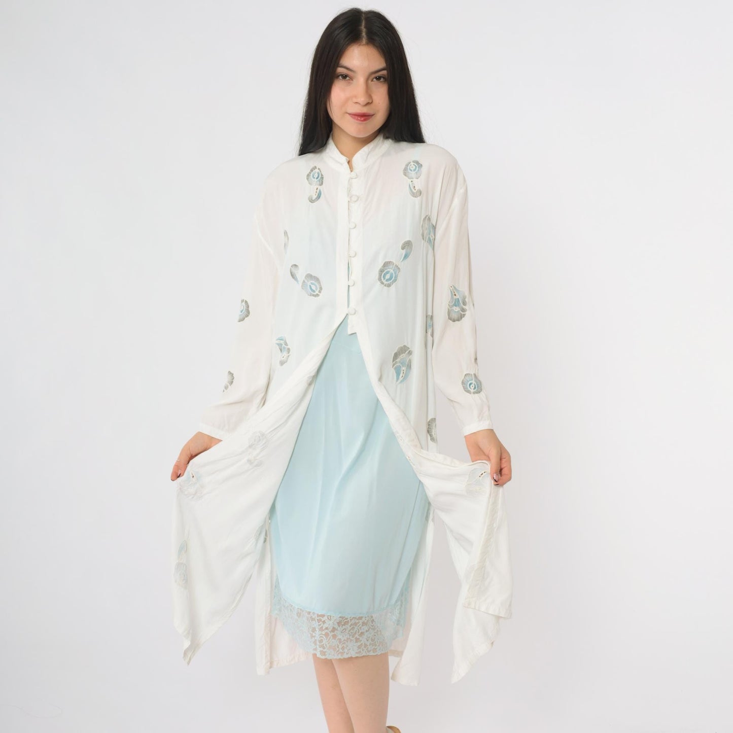 90s White Peacock Feather Kimono Cotton Midi Open Front Band Collar Medium Large