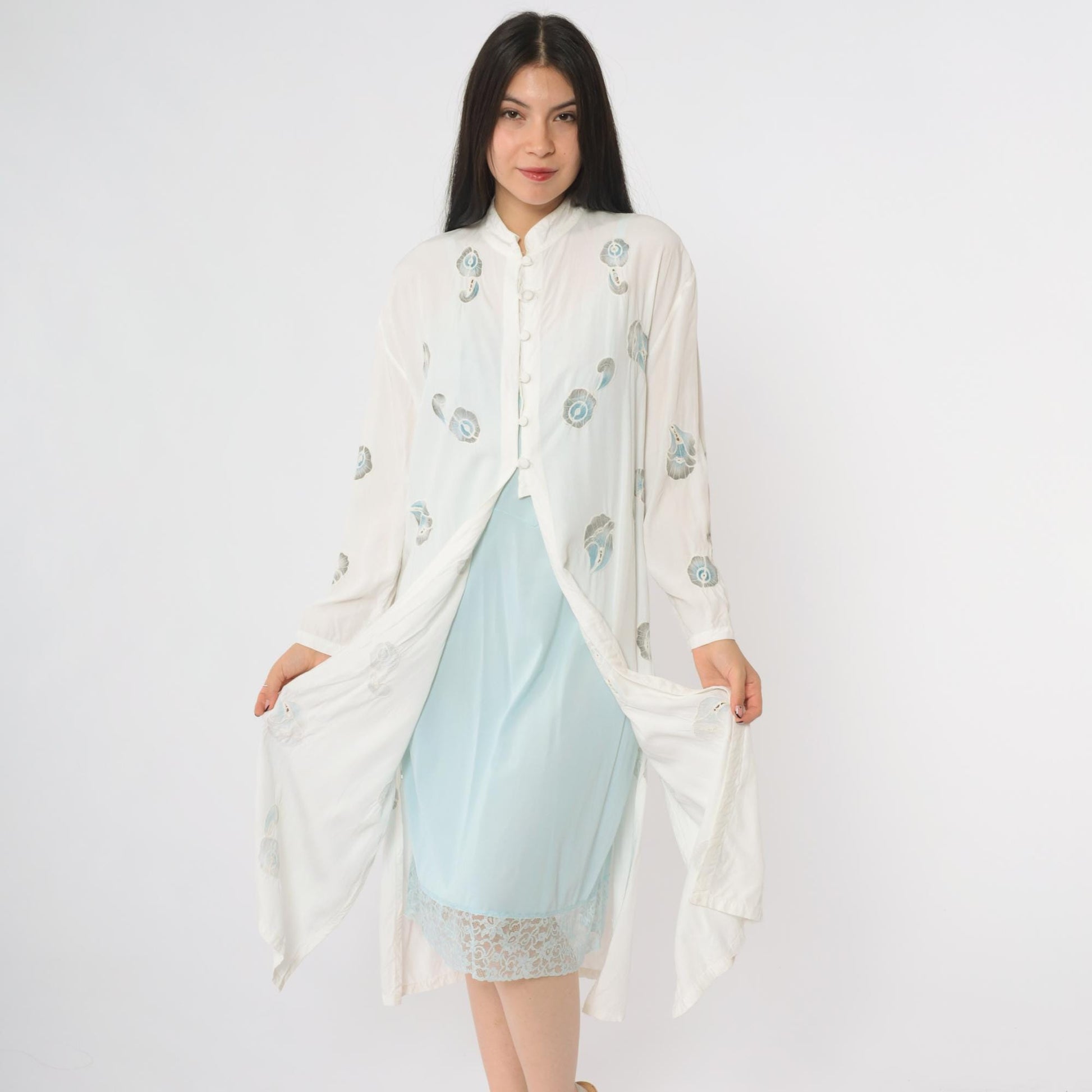 90s White Peacock Feather Kimono Cotton Midi Open Front Band Collar Medium Large
